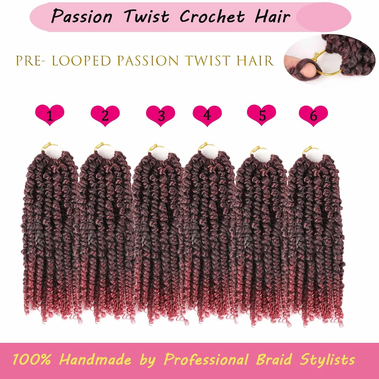 Pre-twisted Ombre Burgundy Passion Twist Hair 10 Inch 6 Packs Short Passion Twist Crochet Hair Bohemian Pre Looped Crochet Braids for Black Women Kids and Girls (10 Inch,T1B/Bug)