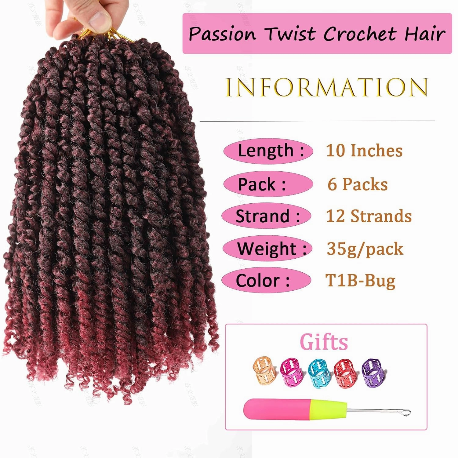 Pre-twisted Ombre Burgundy Passion Twist Hair 10 Inch 6 Packs Short Passion Twist Crochet Hair Bohemian Pre Looped Crochet Braids for Black Women Kids and Girls (10 Inch,T1B/Bug)
