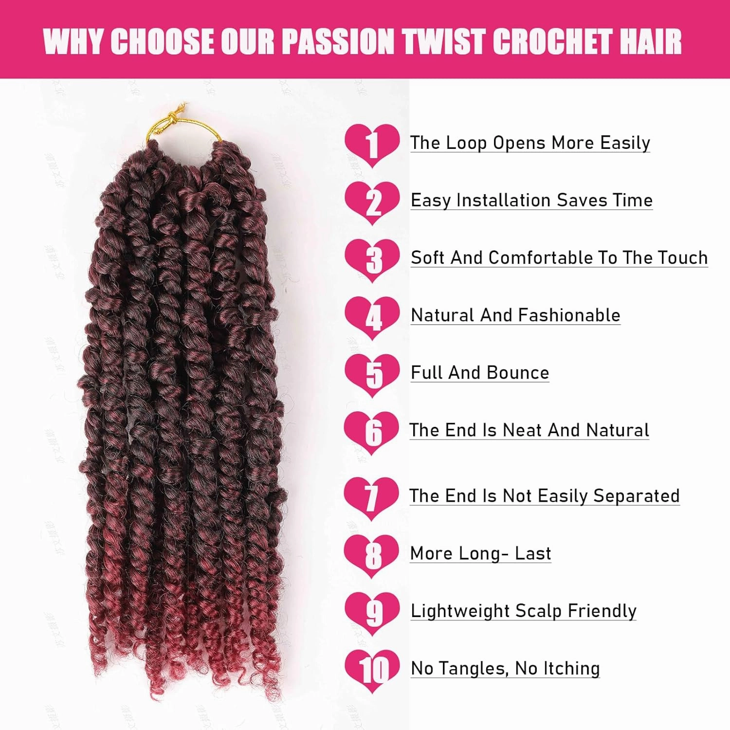 Pre-twisted Ombre Burgundy Passion Twist Hair 10 Inch 6 Packs Short Passion Twist Crochet Hair Bohemian Pre Looped Crochet Braids for Black Women Kids and Girls (10 Inch,T1B/Bug)