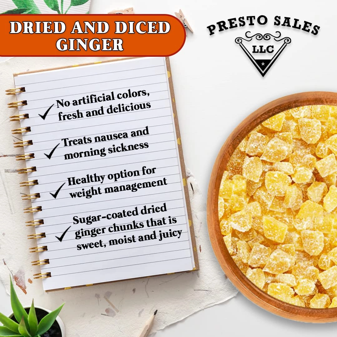 Presto Sales Crystallized Ginger Pieces 112 oz | Unsulphured Dried Candied Ginger 3-5 mm Pieces | All Natural, Non-GMO | Relieve Nausea, Motion or Morning Sickness | Resealable 7 lbs Pouch Bag