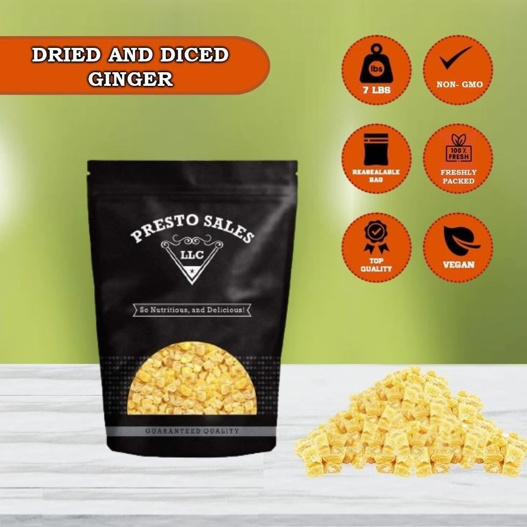 Presto Sales Crystallized Ginger Pieces 112 oz | Unsulphured Dried Candied Ginger 3-5 mm Pieces | All Natural, Non-GMO | Relieve Nausea, Motion or Morning Sickness | Resealable 7 lbs Pouch Bag