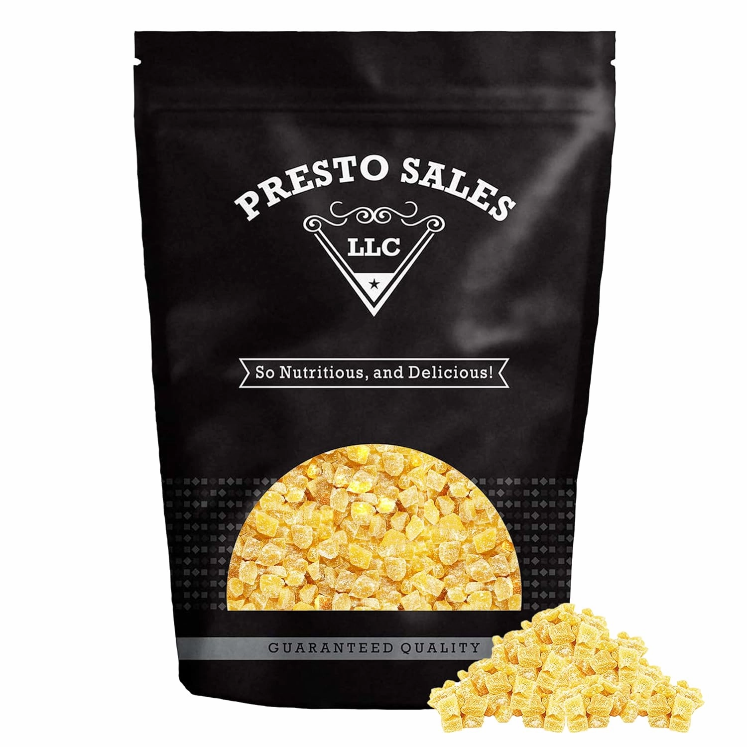 Presto Sales Crystallized Ginger Pieces 112 oz | Unsulphured Dried Candied Ginger 3-5 mm Pieces | All Natural, Non-GMO | Relieve Nausea, Motion or Morning Sickness | Resealable 7 lbs Pouch Bag