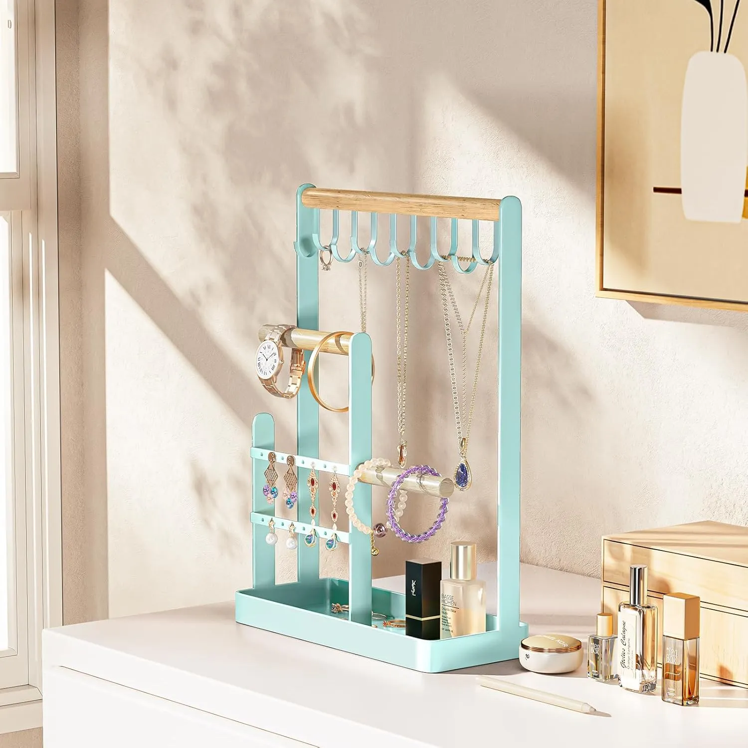 ProCase Jewelry Organizer Stand Necklace Holder, 4-Tier Jewelry Tower Rack with Earring Tray, 10 Hooks Necklaces Hanging Small Jewelry Display Storage Tree for Bracelets Earrings Rings Watches -Blue