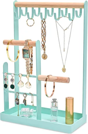 ProCase Jewelry Organizer Stand Necklace Holder, 4-Tier Jewelry Tower Rack with Earring Tray, 10 Hooks Necklaces Hanging Small Jewelry Display Storage Tree for Bracelets Earrings Rings Watches -Blue