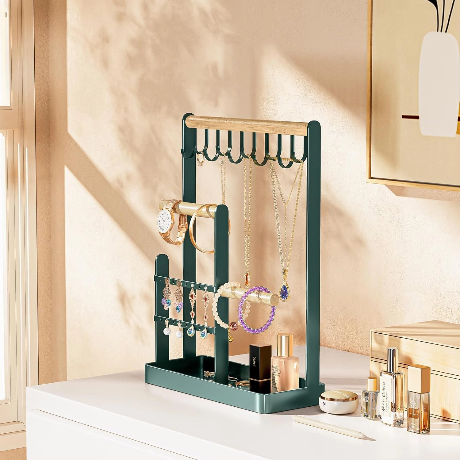 ProCase Jewelry Organizer Stand Holder, 4-Tier Necklace Organizer with Ring Tray, Small Cute Aesthetic Jewelry Tower Storage Rack Tree for Bracelets Earrings Rings - Green