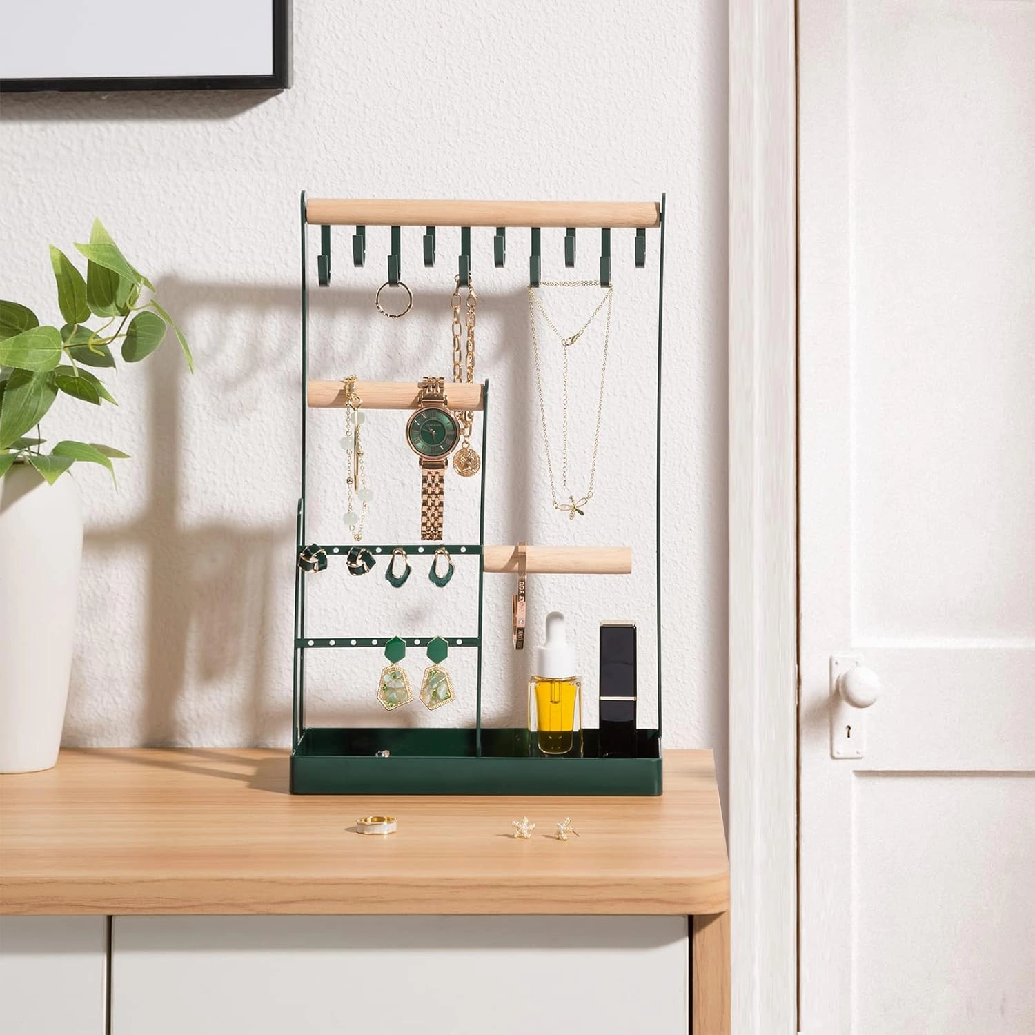 ProCase Jewelry Organizer Stand Holder, 4-Tier Necklace Organizer with Ring Tray, Small Cute Aesthetic Jewelry Tower Storage Rack Tree for Bracelets Earrings Rings - Green