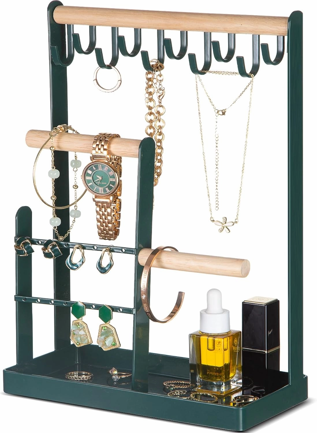 ProCase Jewelry Organizer Stand Holder, 4-Tier Necklace Organizer with Ring Tray, Small Cute Aesthetic Jewelry Tower Storage Rack Tree for Bracelets Earrings Rings - Green