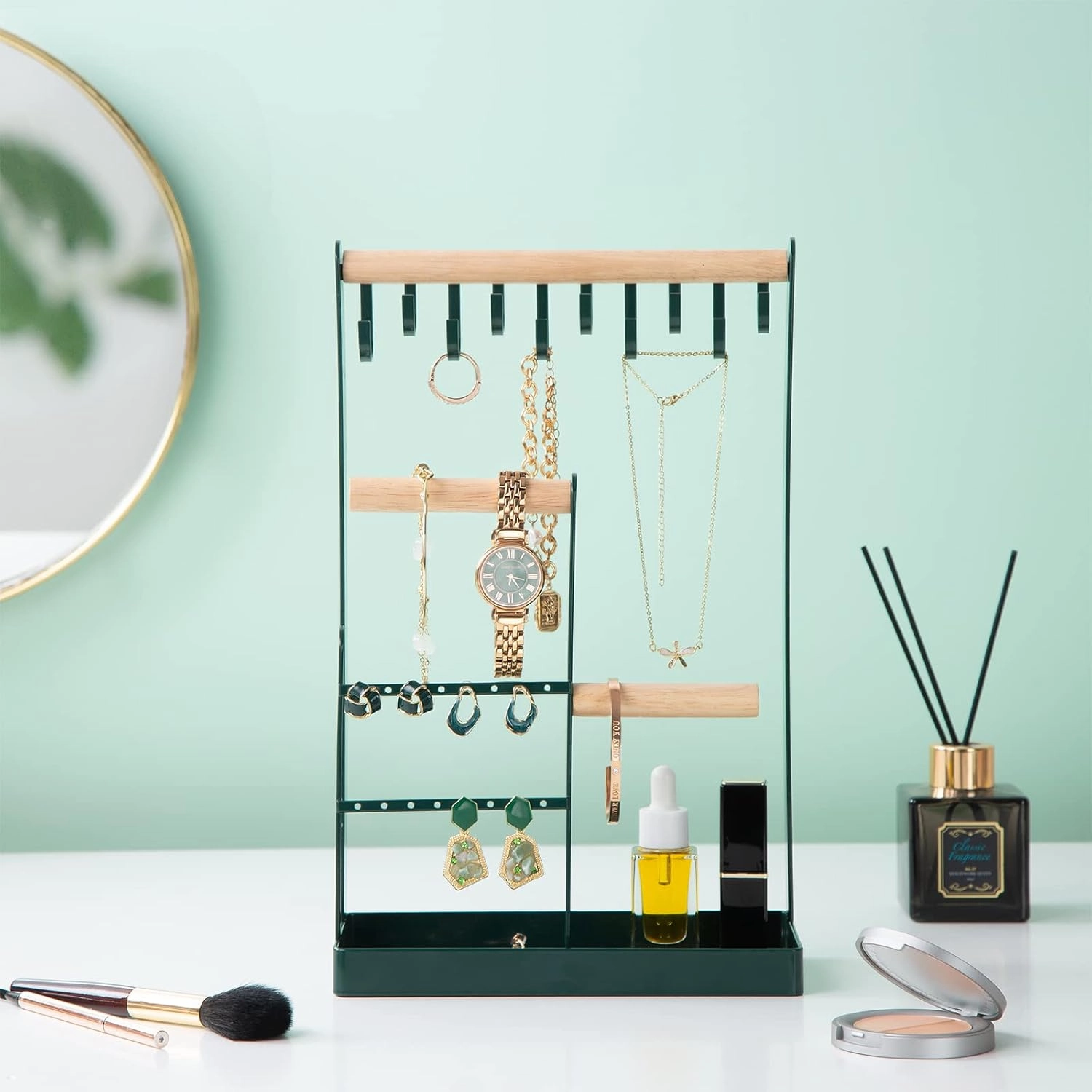 ProCase Jewelry Organizer Stand Holder, 4-Tier Necklace Organizer with Ring Tray, Small Cute Aesthetic Jewelry Tower Storage Rack Tree for Bracelets Earrings Rings - Green