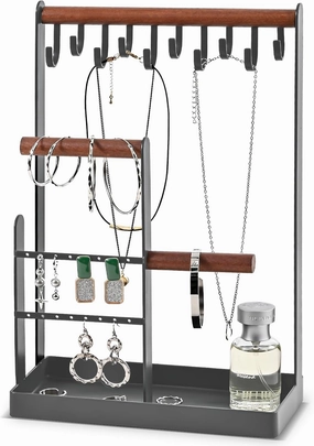ProCase Jewelry Organizer Stand Holder, 4-Tier Necklace Organizer with Ring Tray, Small Cute Aesthetic Jewelry Tower Storage Rack Tree for Bracelets Earrings Rings - Grey