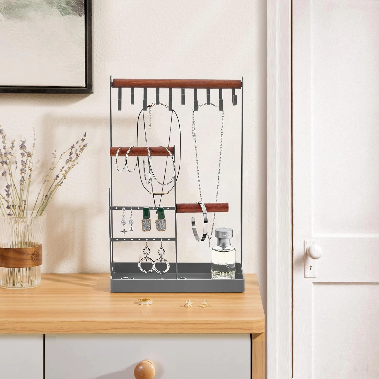 ProCase Jewelry Organizer Stand Holder, 4-Tier Necklace Organizer with Ring Tray, Small Cute Aesthetic Jewelry Tower Storage Rack Tree for Bracelets Earrings Rings - Grey