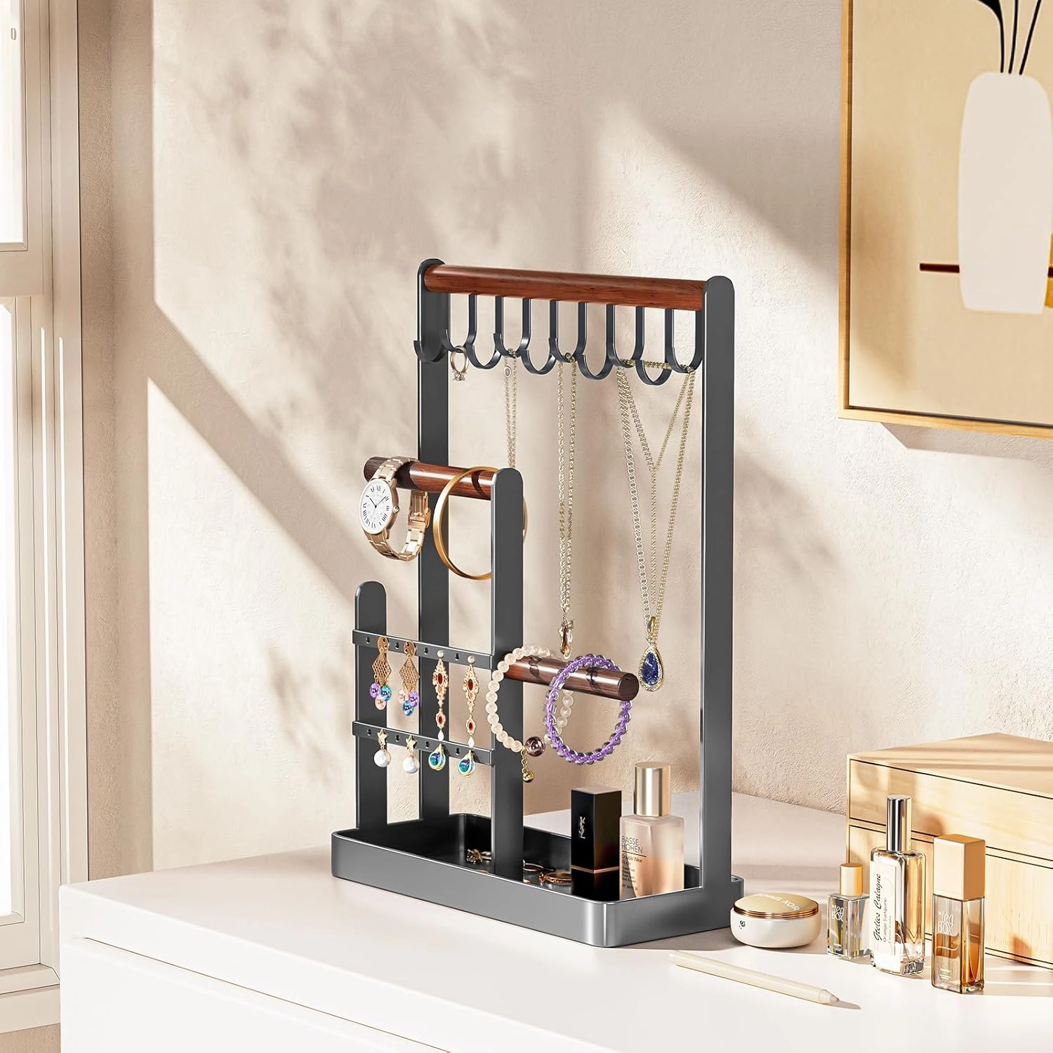 ProCase Jewelry Organizer Stand Holder, 4-Tier Necklace Organizer with Ring Tray, Small Cute Aesthetic Jewelry Tower Storage Rack Tree for Bracelets Earrings Rings - Grey