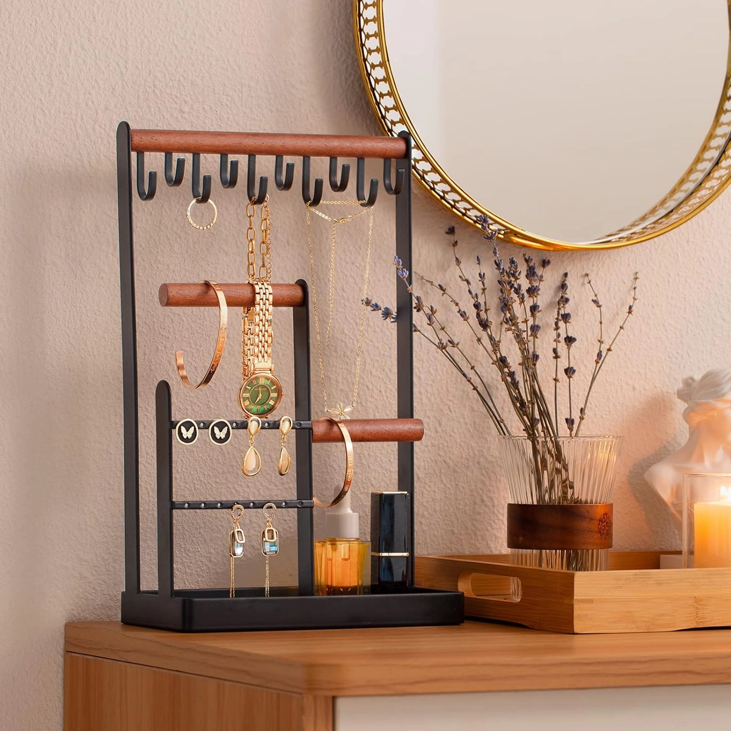 ProCase Jewelry Organizer Stand Holder, 4-Tier Tower Rack with Earring Tray and Holes, 10 Hooks Necklaces Hanging Storage Tree Display for Bracelets Watches Earrings Rings -Black