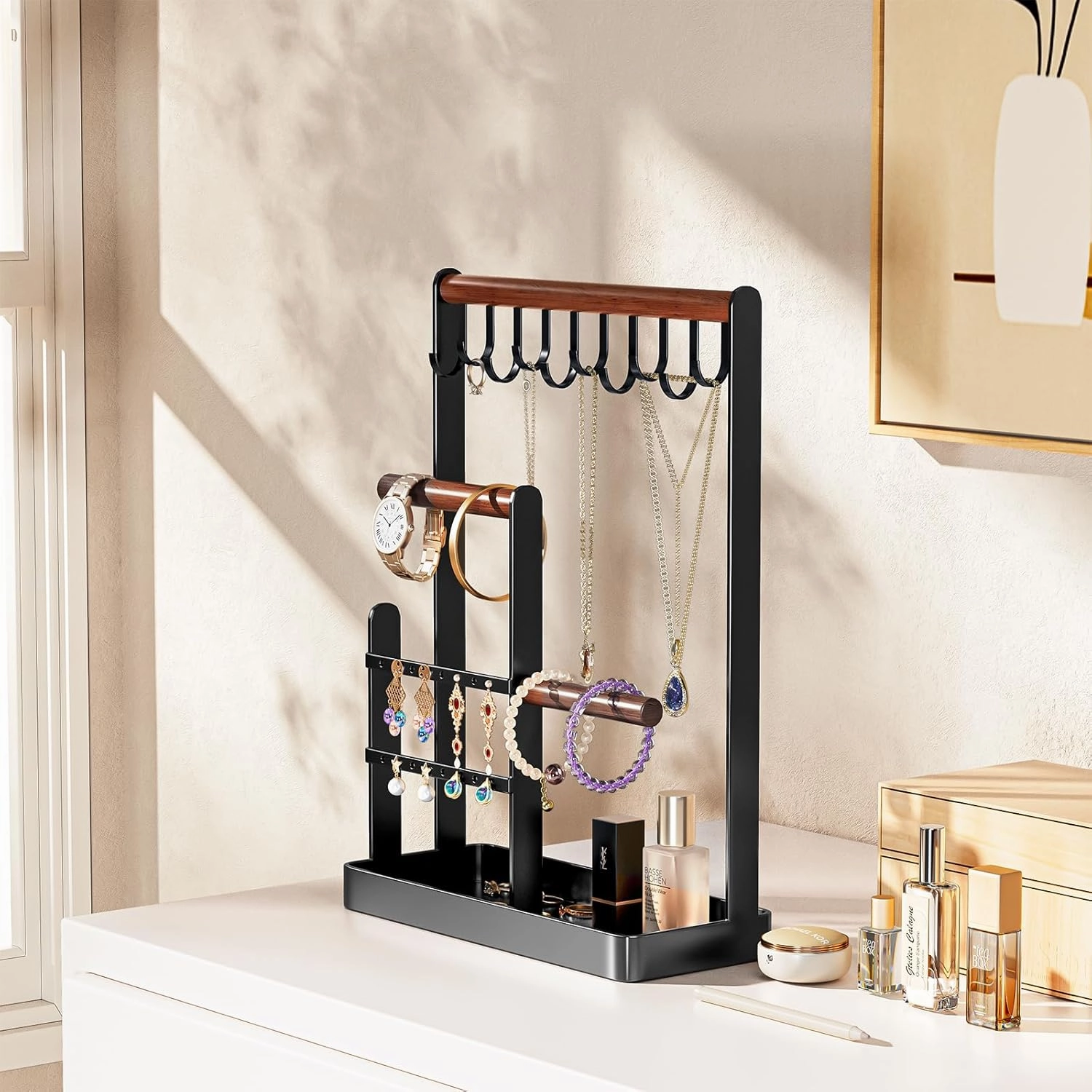 ProCase Jewelry Organizer Stand Holder, 4-Tier Tower Rack with Earring Tray and Holes, 10 Hooks Necklaces Hanging Storage Tree Display for Bracelets Watches Earrings Rings -Black