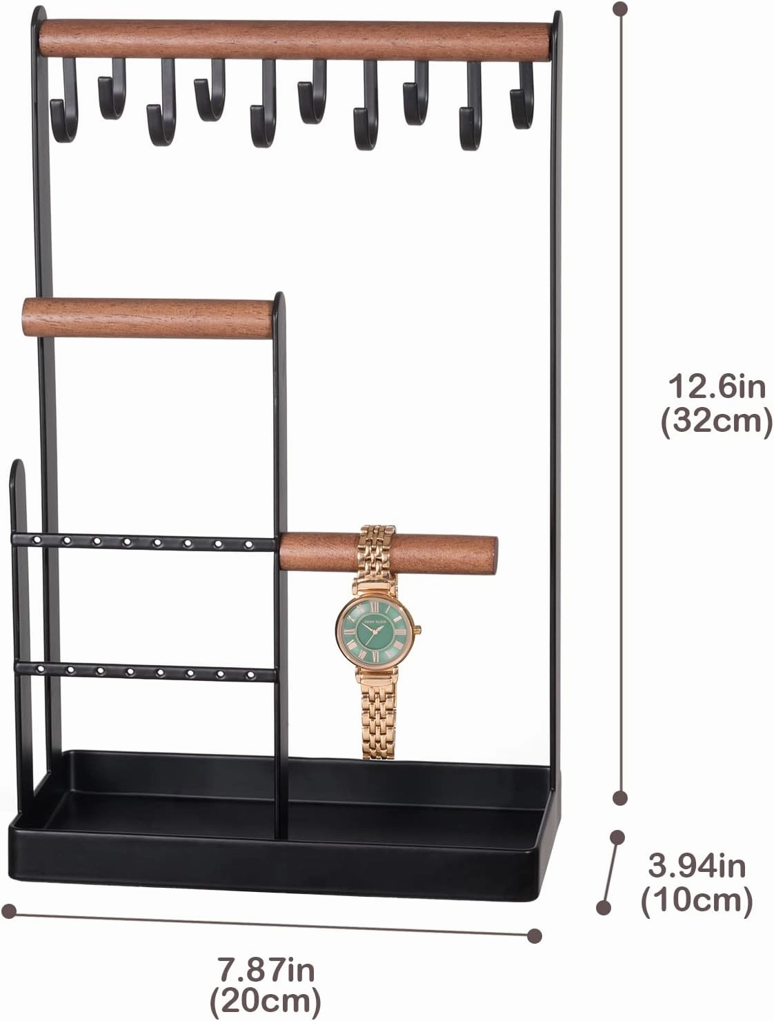 ProCase Jewelry Organizer Stand Holder, 4-Tier Tower Rack with Earring Tray and Holes, 10 Hooks Necklaces Hanging Storage Tree Display for Bracelets Watches Earrings Rings -Black