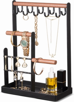 ProCase Jewelry Organizer Stand Holder, 4-Tier Tower Rack with Earring Tray and Holes, 10 Hooks Necklaces Hanging Storage Tree Display for Bracelets Watches Earrings Rings -Black