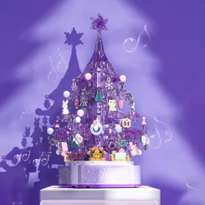 Purple Crystal Christmas Tree Building Block Set, 729 PCS Christmas Music Box Bricks Model Kit, Construction Toy for Adults Girls