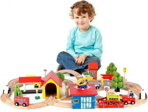 Qilay 69 PCS Wooden Train Set -Premium Wood Train Tracks & Trains Toys for Toddlers 3,4,5 Years Old, Expandable Train Toys Railway Kits for Girls Boys, Fit All Major Bands Train Tracks Set