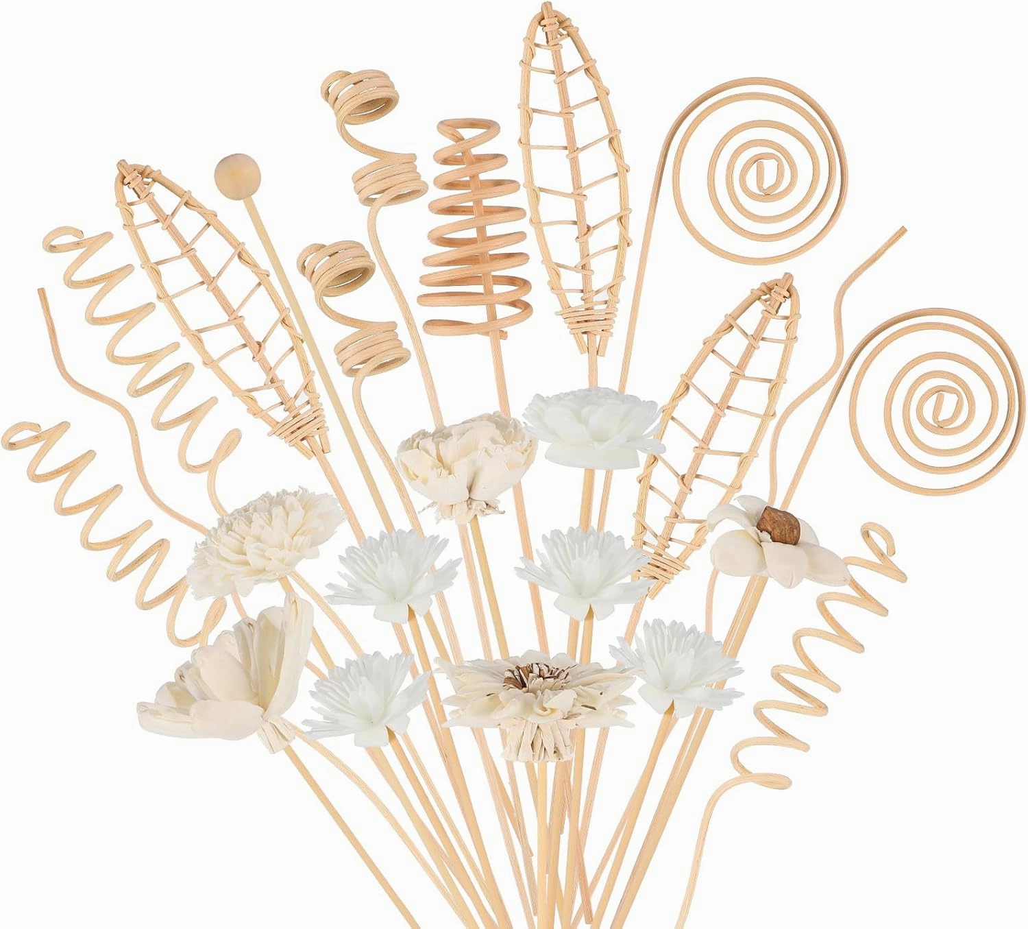 Queekay 32 Pcs Reed Diffuser Sticks Set Include 21pcs Natural Rattan Wood Beads, 11 Style Fragrance Diffuser, Rattan Reed Fragrance Replacement for Home(Wooden Color)