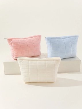 Quilted Capacity Pencil Plush Storage Plaid Cosmetic Bags