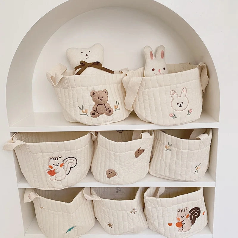 Quilted Embroidered Baby Diaper Storage Bucket Bag