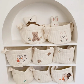 Quilted Embroidered Baby Diaper Storage Bucket Bag