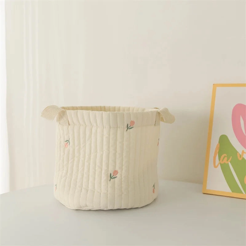 Quilted Embroidered Baby Diaper Storage Bucket Bag