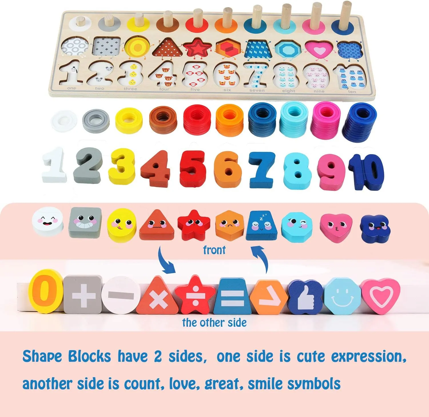 QZMTOY Wooden Montessori Toys for Kids, Toddler Number Puzzles Sorter Counting Shape Stacker Stacking Game Preschool Toys for Boy Girl Learning Education Math Blocks Chunky Puzzles Gift for Toddlers
