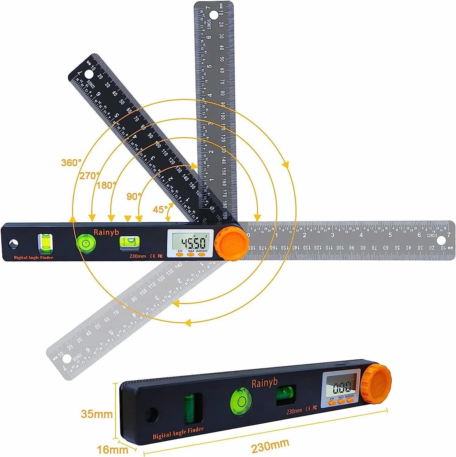 Rainyb Digital Angle Finder Tool 7inch 0-360 degree LCD Digital Protractor with Horizontal Vertical Bubble Levels and Ruler Meter Accurate Tools for Carpenters,Woodworkers,Fabricators（7-Inch X 2Pcs）