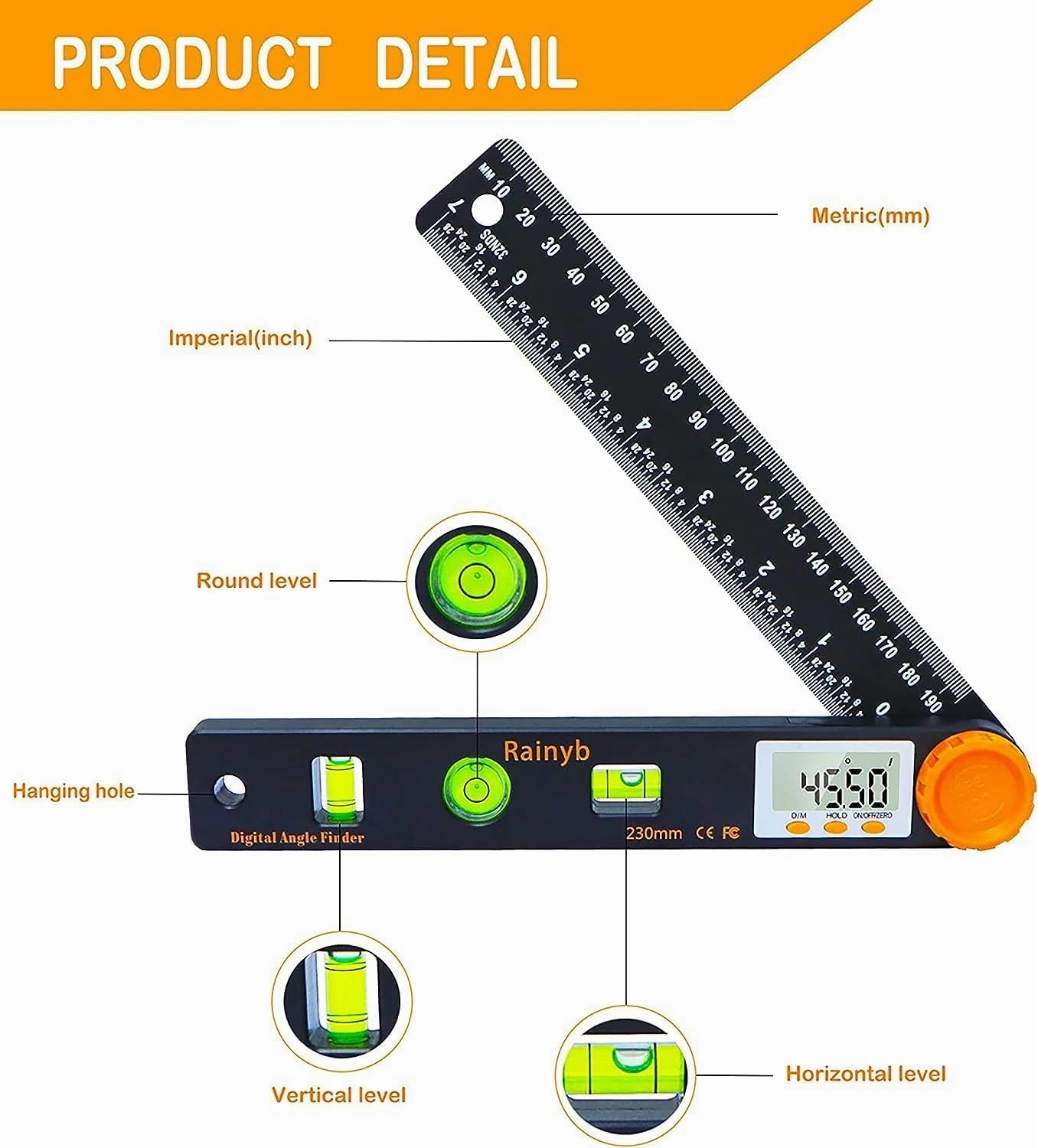 Rainyb Digital Angle Finder Tool 7inch 0-360 degree LCD Digital Protractor with Horizontal Vertical Bubble Levels and Ruler Meter Accurate Tools for Carpenters,Woodworkers,Fabricators（7-Inch X 2Pcs）