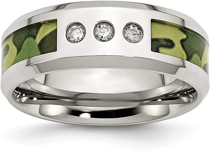 Real Stainless Steel Camouflage 1/10ct. tw. Diamond 8mm Men's Wedding Band Ring