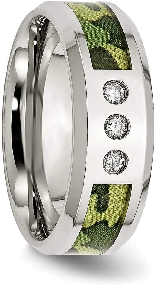Real Stainless Steel Camouflage 1/10ct. tw. Diamond 8mm Men's Wedding Band Ring