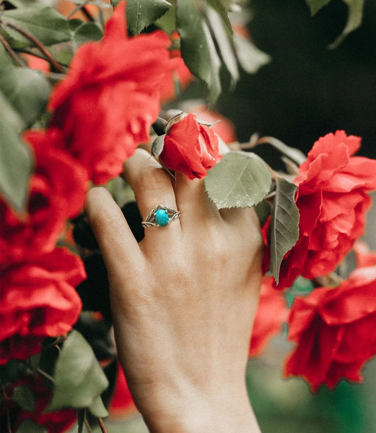 Real Turquoise Rings for Women Genuine Oval Stone Dainty Jewelry 925 Sterling Silver Leaf Boho for Her Wife Mom
