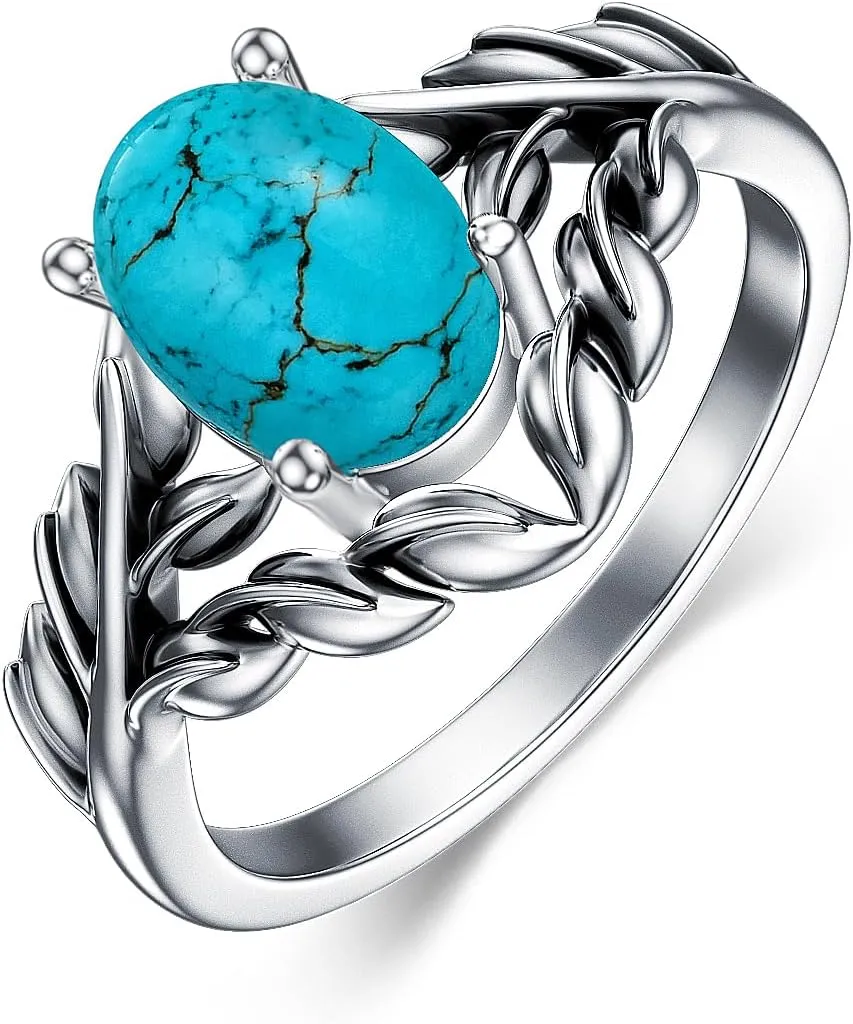 Real Turquoise Rings for Women Genuine Oval Stone Dainty Jewelry 925 Sterling Silver Leaf Boho for Her Wife Mom