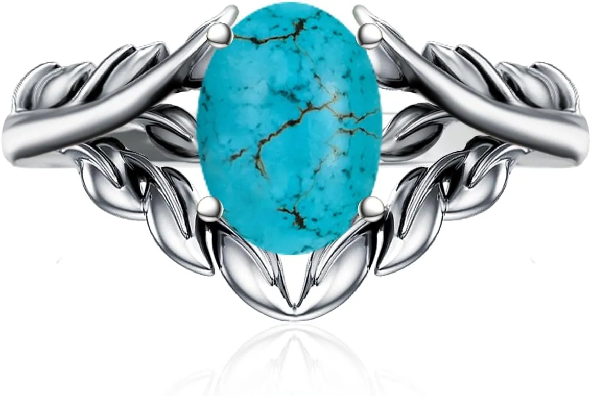 Real Turquoise Rings for Women Genuine Oval Stone Dainty Jewelry 925 Sterling Silver Leaf Boho for Her Wife Mom