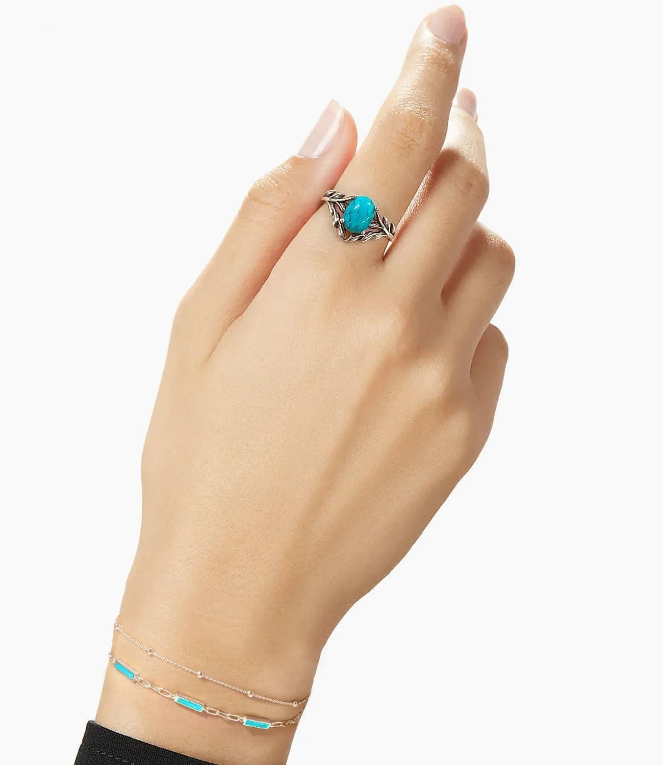 Real Turquoise Rings for Women Genuine Oval Stone Dainty Jewelry 925 Sterling Silver Leaf Boho for Her Wife Mom