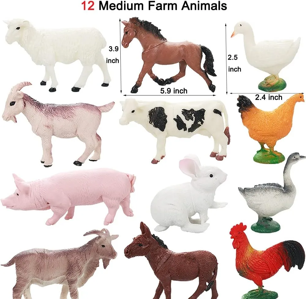 Realistic Farm Animal Figures Toys, 44 Pcs Plastic Farm Figurines Playset Includes Fences Mini Farm Animal Cake Topper Learning Toy Set for Kids & Toddlers