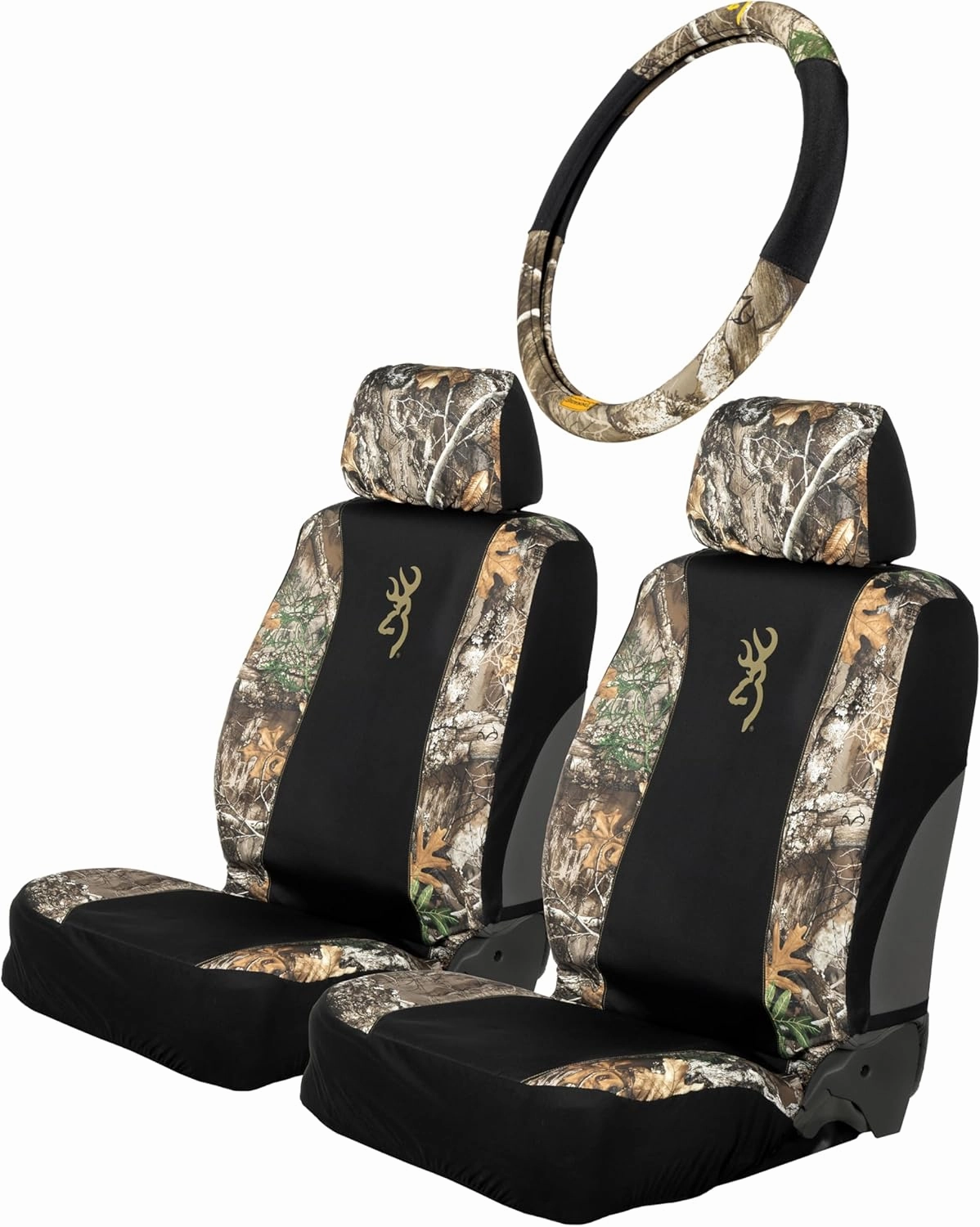 Realtree Camo Seat Cover Full Set | Low Back Seat Covers | Floor Mats | Wheel Covers | Waterproof Seat Covers for Car Trucks SUVs (Browning | 3pc Seat Cover Set)