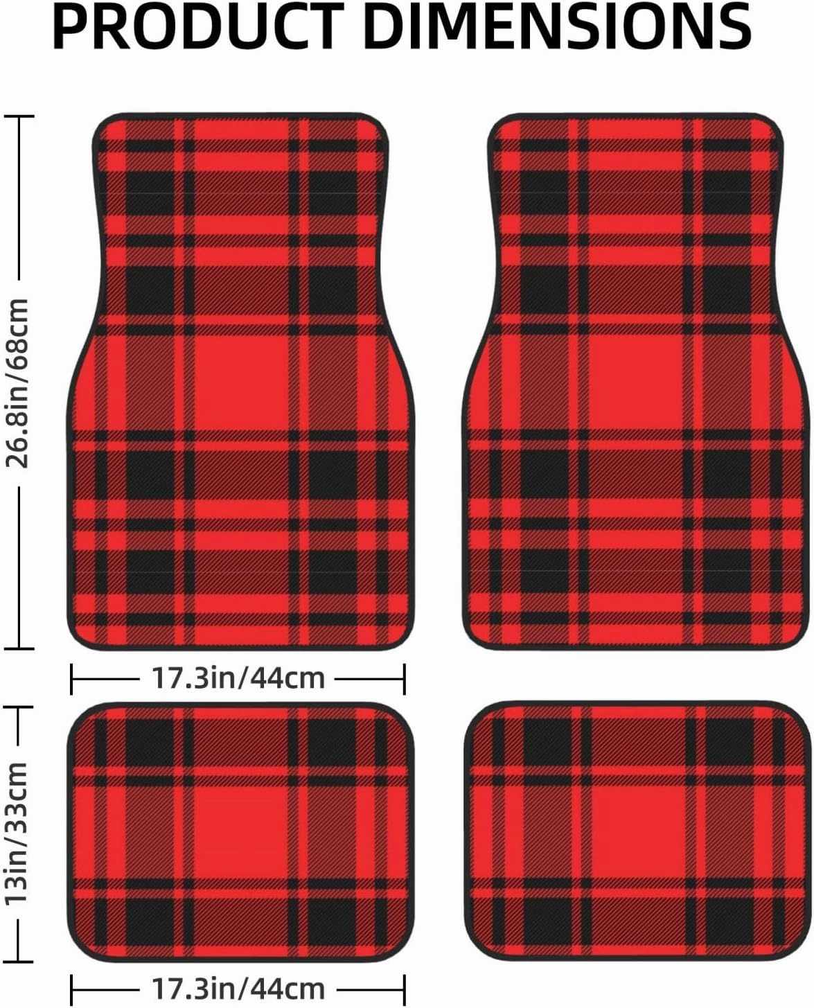 Red Plaid Car Front and Rear Floor Mats, Anti Slip Car Mats, Complete Set of 4 Carpets, All Weather Protection