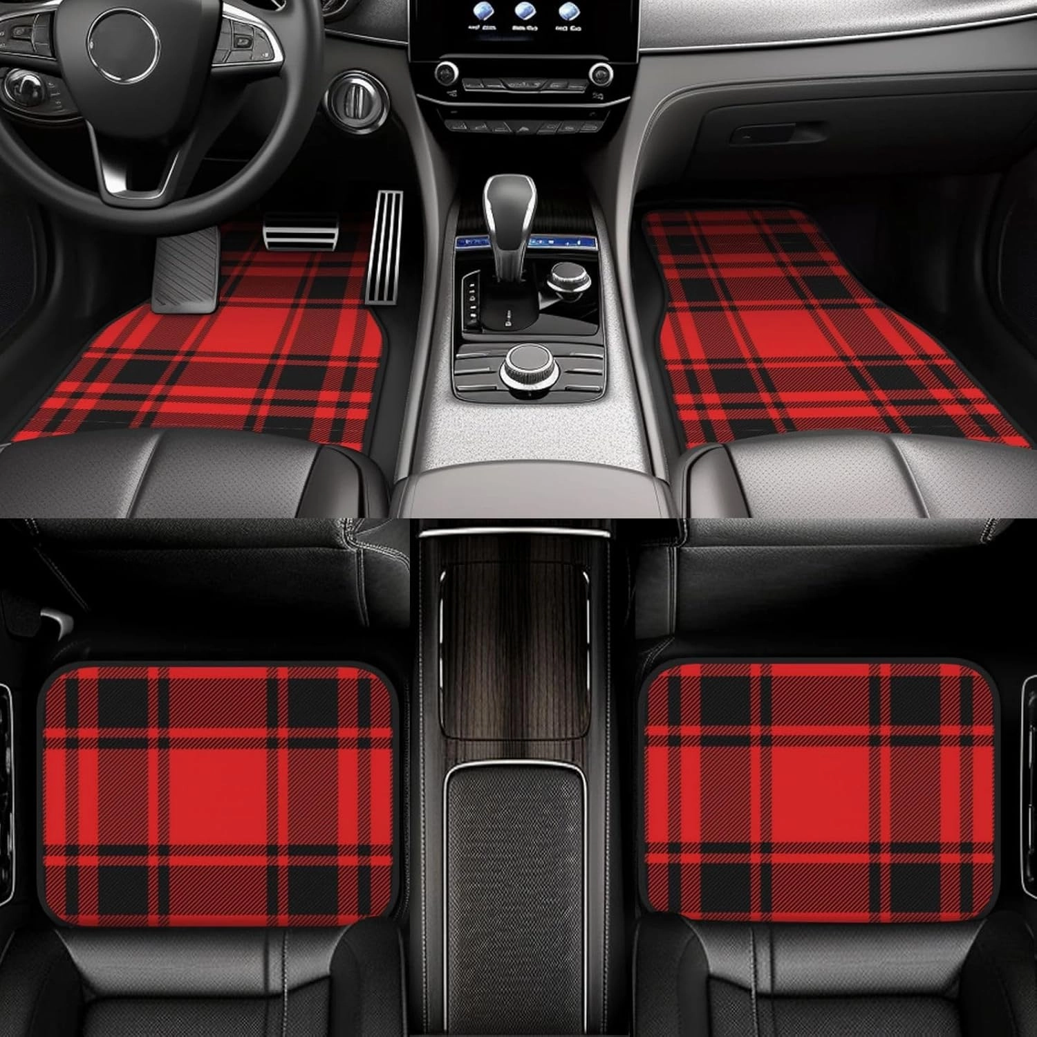 Red Plaid Car Front and Rear Floor Mats, Anti Slip Car Mats, Complete Set of 4 Carpets, All Weather Protection