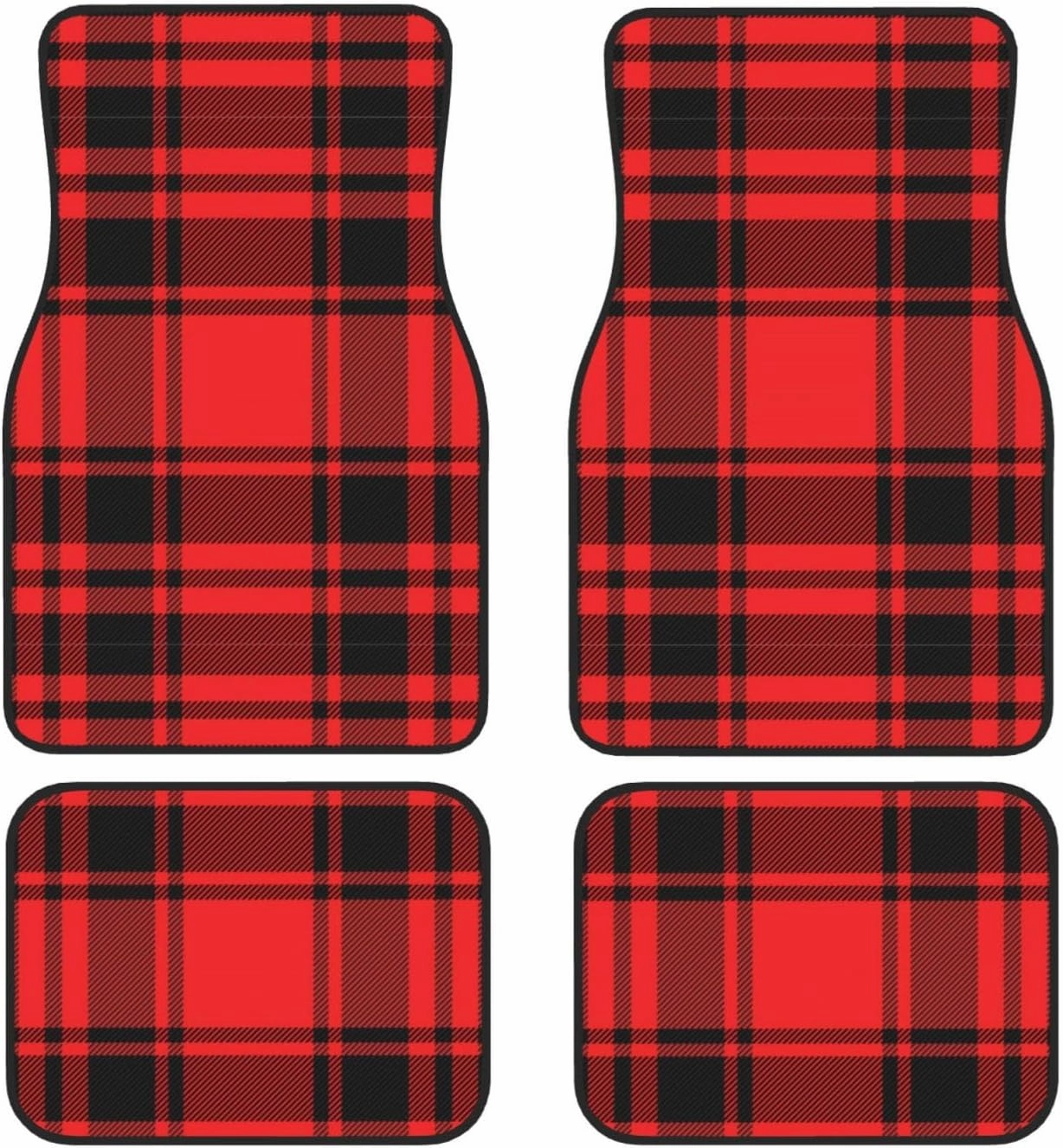 Red Plaid Car Front and Rear Floor Mats, Anti Slip Car Mats, Complete Set of 4 Carpets, All Weather Protection