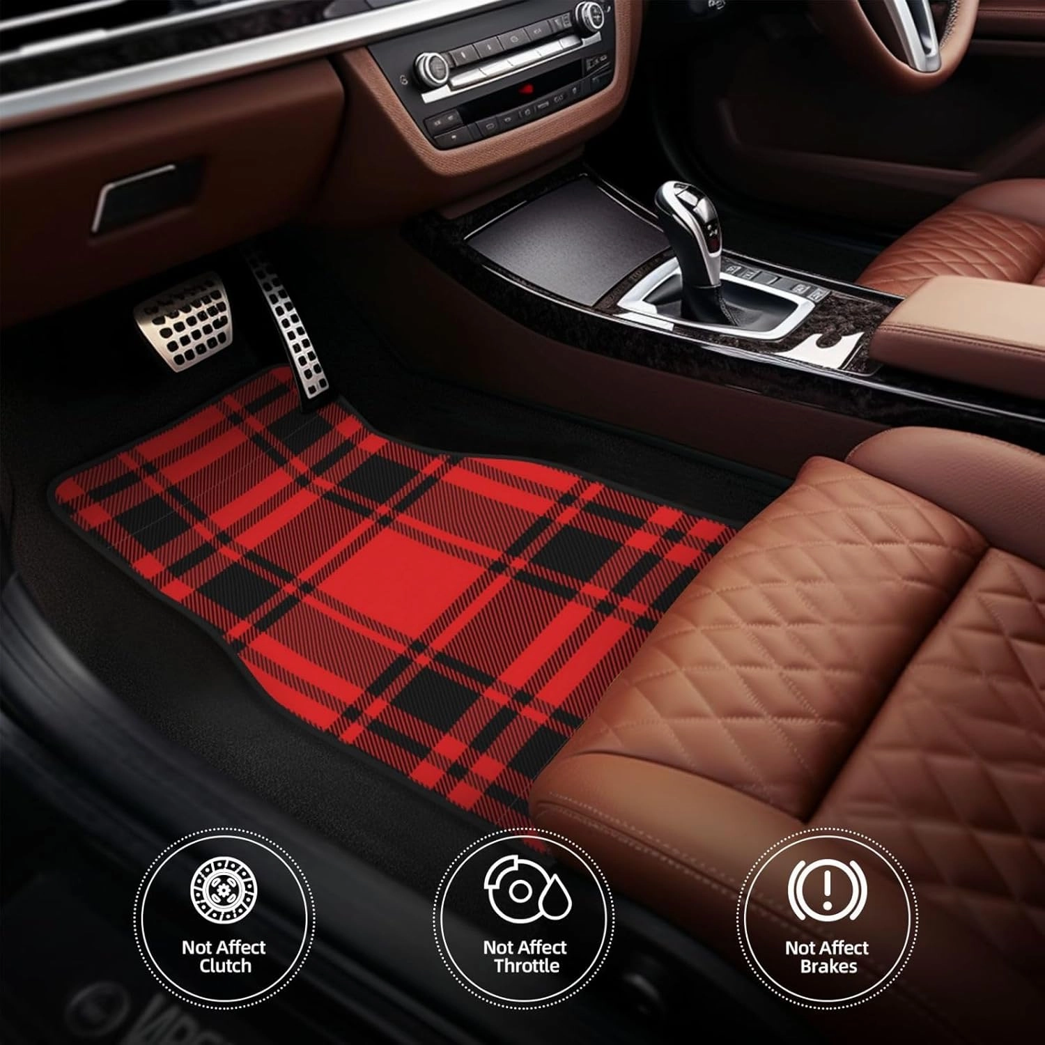 Red Plaid Car Front and Rear Floor Mats, Anti Slip Car Mats, Complete Set of 4 Carpets, All Weather Protection