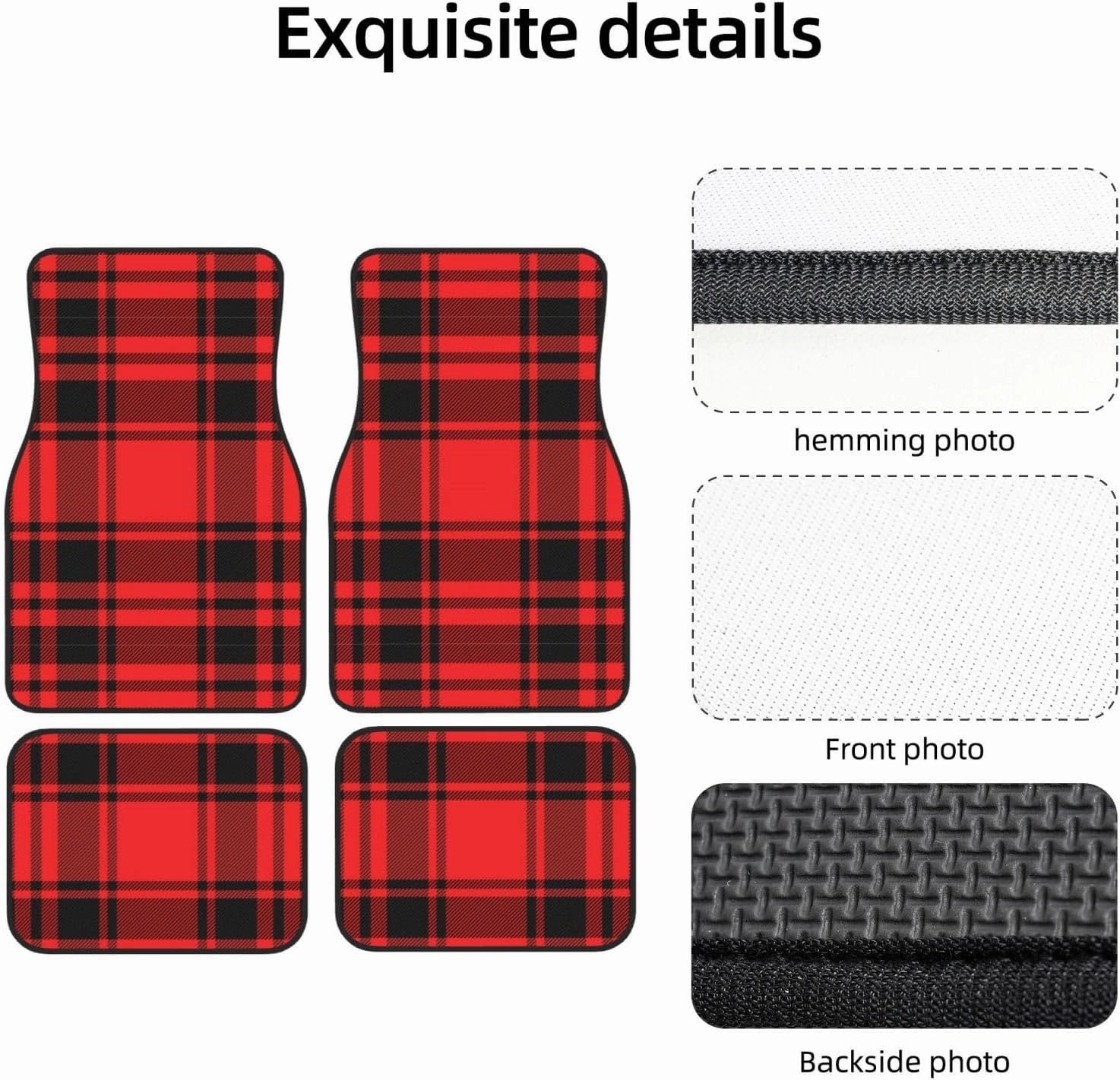 Red Plaid Car Front and Rear Floor Mats, Anti Slip Car Mats, Complete Set of 4 Carpets, All Weather Protection