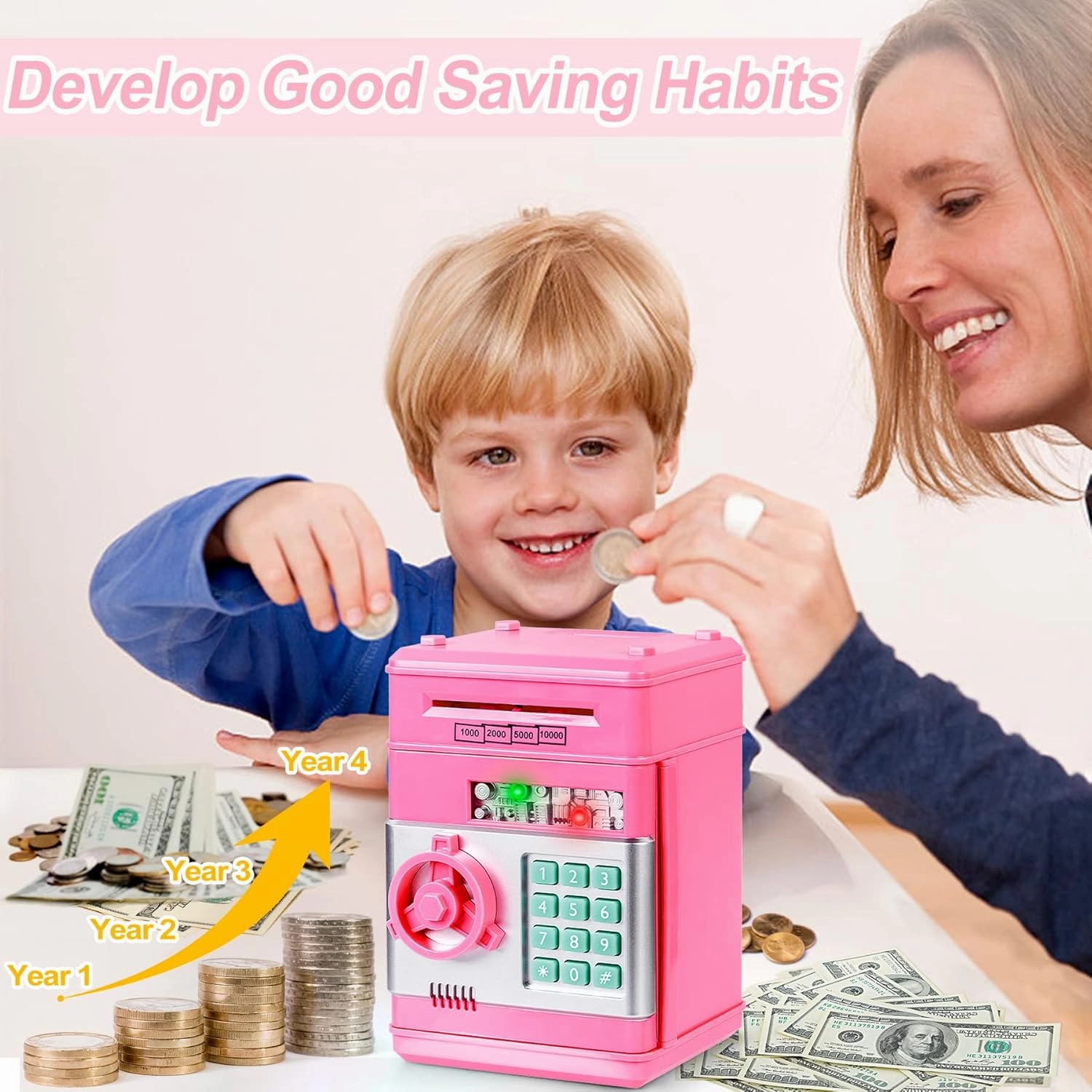 Refasy Piggy Bank Cash Coin Can ATM Bank Electronic Coin Money Bank for Kids Age 3-12, Money Savings Box Mini ATM Coin Bank Toys Gifts for 3 4 5 6 7 8 9 10 11 12 Year Old Boys Girls