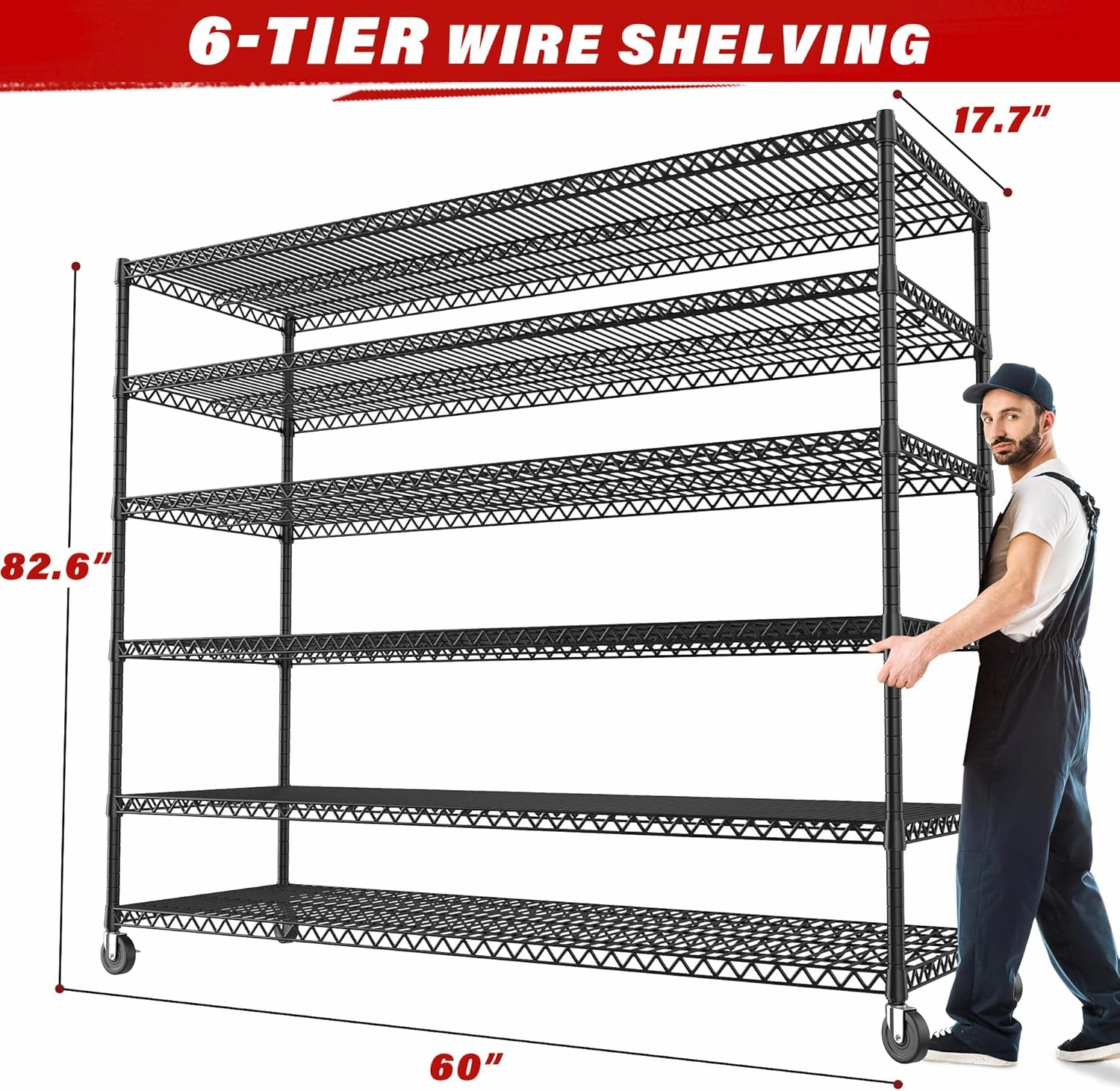 REIBII 60''W X 82.6" H Steel Heavy Duty Wire Shelving Unit with Wheels, 6-Tier Adjustable Storage Shelves 3500LBS Commercial Metal Shelves for Pantry, Garage, College Dorm School Industrial Shelving