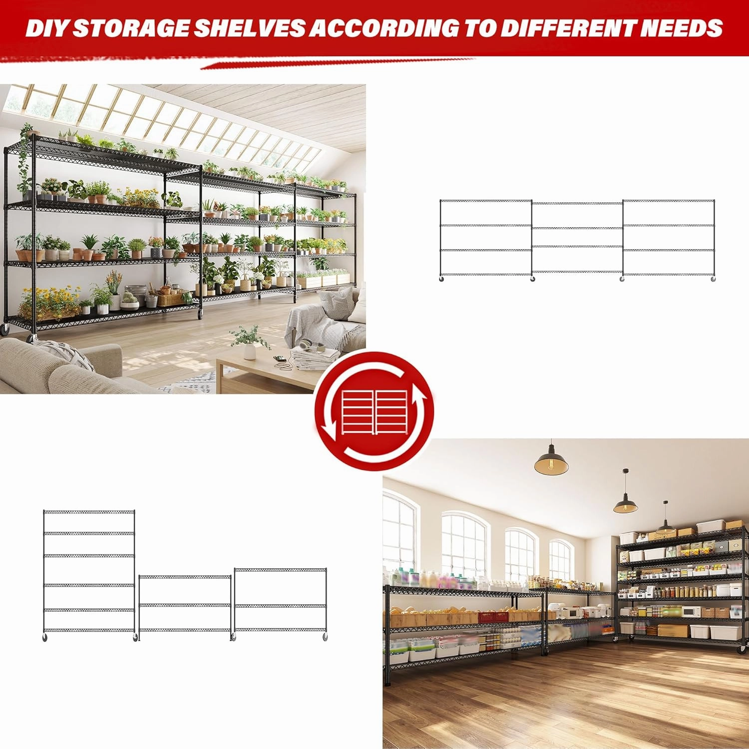 REIBII 60''W X 82.6" H Steel Heavy Duty Wire Shelving Unit with Wheels, 6-Tier Adjustable Storage Shelves 3500LBS Commercial Metal Shelves for Pantry, Garage, College Dorm School Industrial Shelving