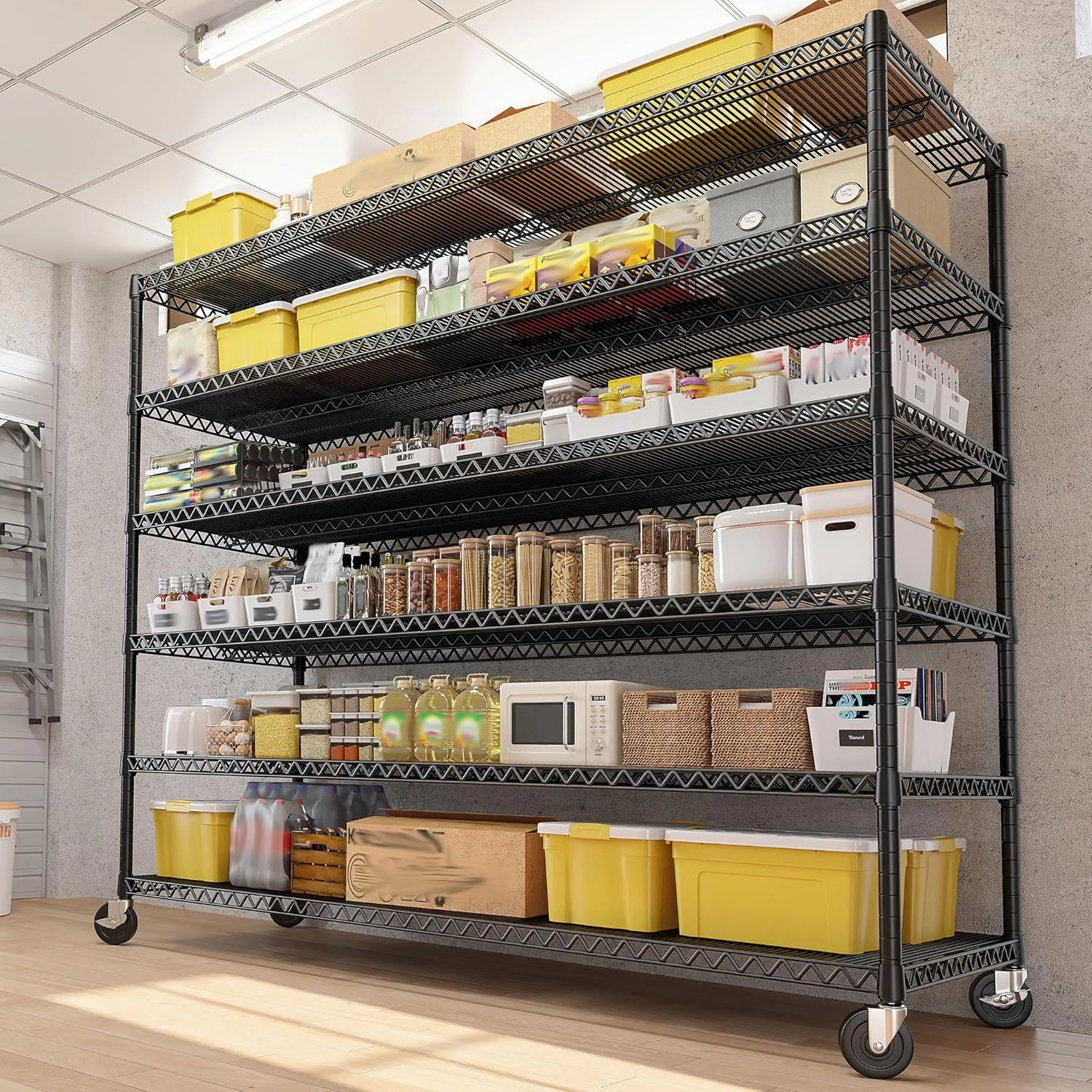 REIBII 60''W X 82.6" H Steel Heavy Duty Wire Shelving Unit with Wheels, 6-Tier Adjustable Storage Shelves 3500LBS Commercial Metal Shelves for Pantry, Garage, College Dorm School Industrial Shelving