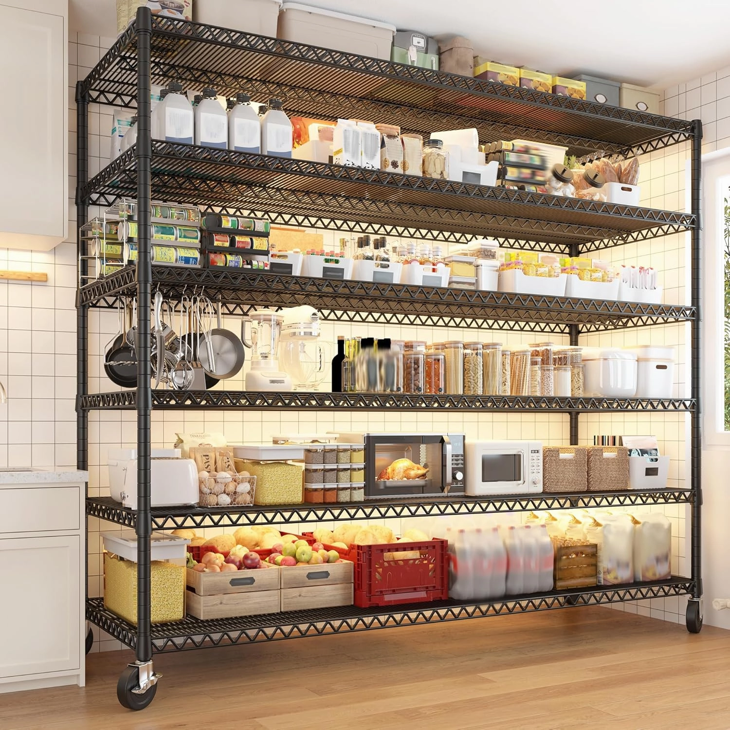 REIBII 60''W X 82.6" H Steel Heavy Duty Wire Shelving Unit with Wheels, 6-Tier Adjustable Storage Shelves 3500LBS Commercial Metal Shelves for Pantry, Garage, College Dorm School Industrial Shelving