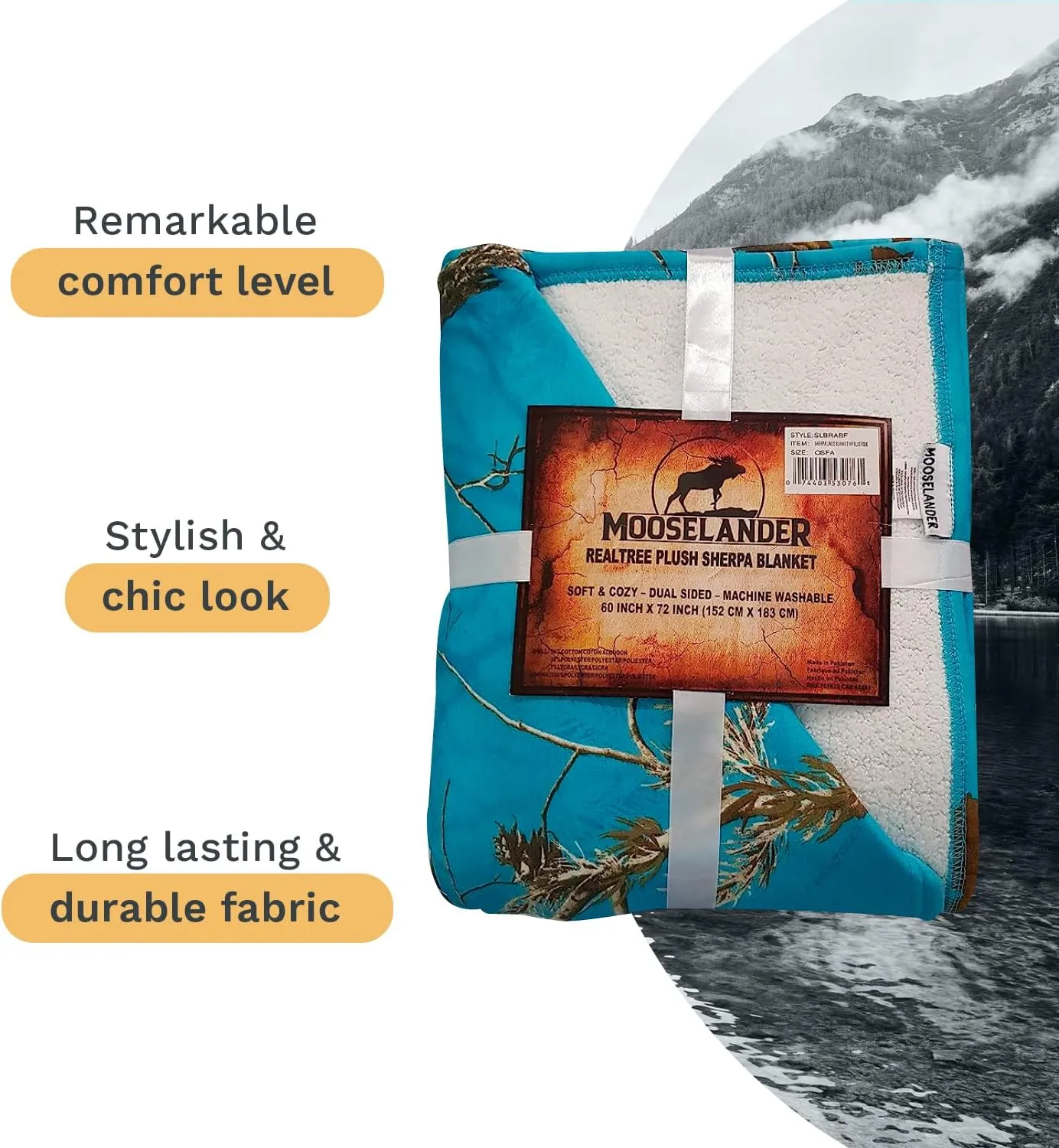 Reversible Realtree Camo Sherpa Blanket, Thick, Soft, Warm Throw for Sofa, Couch, Bed, Travel, Camping, Decorative, Plush Fleece Bedding, Queen/Large Size 72" x 60", Realtree Blue