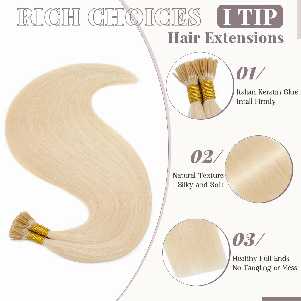 Rich Choices I Tip Hair Extensions Human Hair,100 Strands 0.5g/Strands,100% Real Remy Human Hair Extension Pre Bonded Keratin Stick In Hair Extensions Hair Piece For Women 20 Inch #613 Bleach Blonde