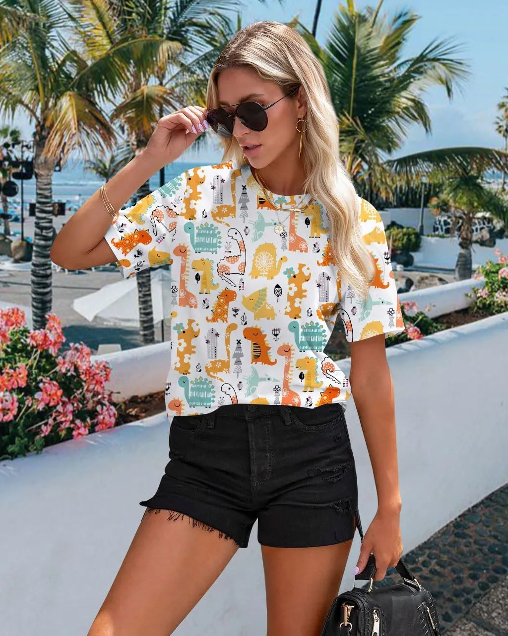 RMCMS Dinosaur Shirts Women Cute 3D Dinosaur Graphic Party Casual Loose Fit Short Sleeve T-Shirt Tee Gift for Mom Top